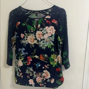 Express Women's Floral Navy Top